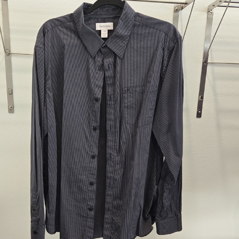 Calvin Klein Men's Dark Blue Pinstripe Dress Shirt